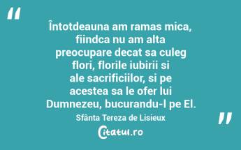 Întotdeauna am ramas mica, fiindca nu am alta preocupare decat sa culeg flori, florile iubirii si ale sacrificiilor, si pe acestea sa le ofer lui Dumnezeu, bucurandu-l pe El. Sfânta Tereza de Lisieux...