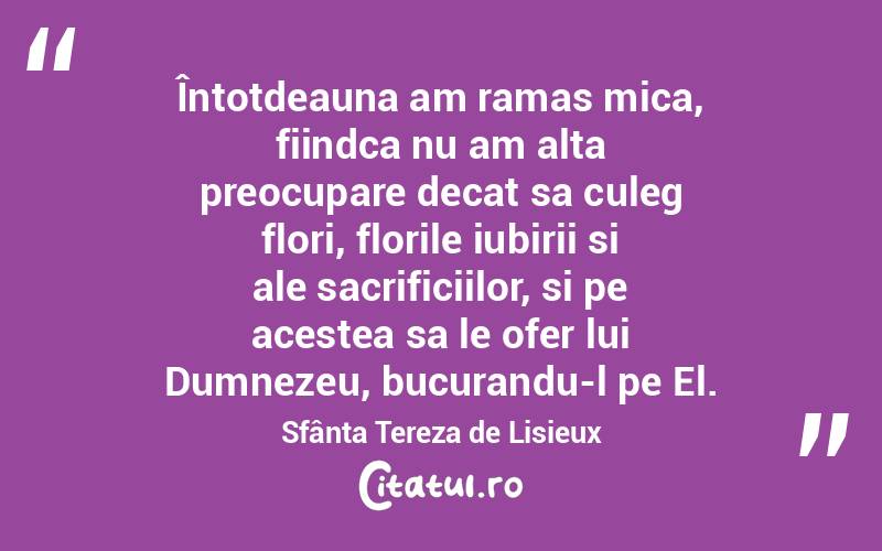 Întotdeauna am ramas mica, fiindca nu am alta preocupare decat sa culeg flori, florile iubirii si ale sacrificiilor, si pe acestea sa le ofer lui Dumnezeu, bucurandu-l pe El. Sfânta Tereza de Lisieux