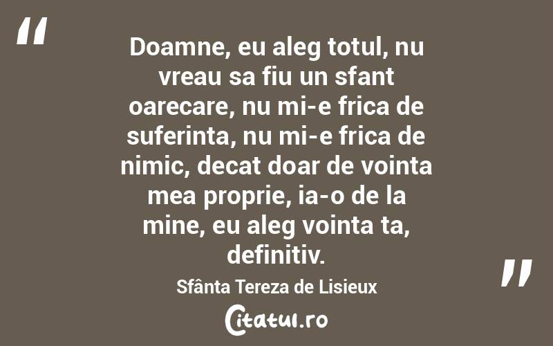 Doamne, eu aleg totul, nu vreau sa fiu un sfant oarecare, nu mi-e frica de suferinta, nu mi-e frica de nimic, decat doar de vointa mea proprie, ia-o de la mine, eu aleg vointa ta, definitiv. Sfânta Tereza de Lisieux