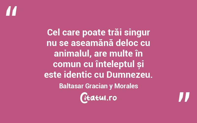 Cel care poate trăi singur nu se aseamănă deloc cu animalul, are multe în comun cu înțeleptul și este identic cu Dumnezeu. Baltasar Gracian y Morales