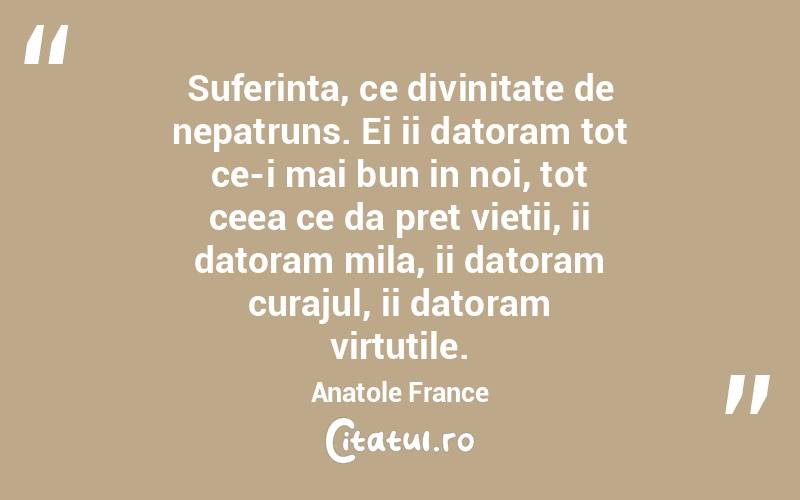 Suferinta, ce divinitate de nepatruns. Ei ii datoram tot ce-i mai bun in noi, tot ceea ce da pret vietii, ii datoram mila, ii datoram curajul, ii datoram virtutile. Anatole France