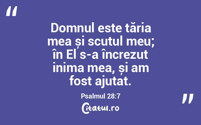 Domnul este tăria mea și scutul meu; în El s-a încrezut inima mea, și am fost ajutat. Psalmul 28:7