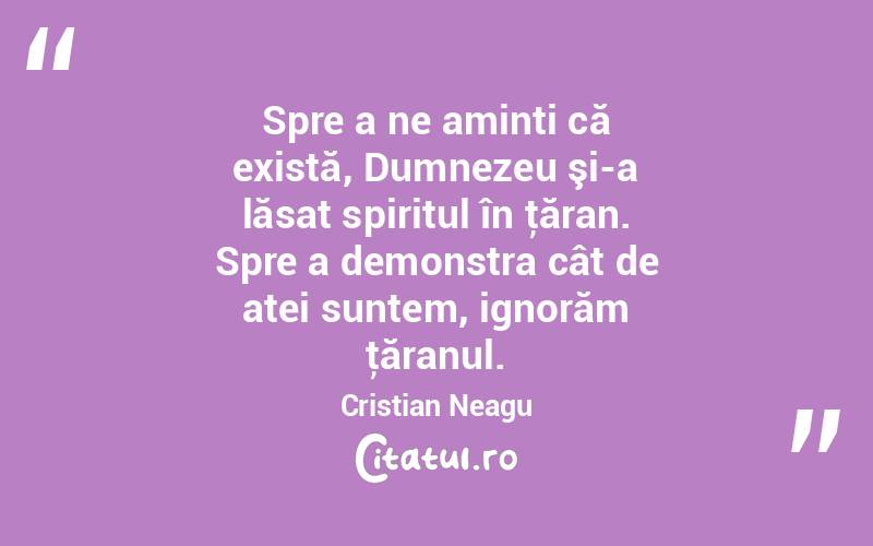 Spre a ne aminti că există, Dumnezeu şi-a lăsat spiritul în ţăran. Spre a demonstra cât de atei suntem, ignorăm ţăranul. Cristian Neagu
