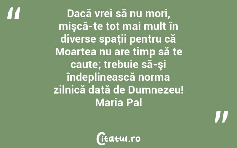 Dacă vrei să nu mori, mişcă-te tot mai mult în diverse spaţii pentru că Moartea nu are timp să te caute; trebuie să-şi îndeplinească norma zilnică dată de Dumnezeu! Maria Pal