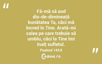 Fă-mă să aud dis-de-dimineaţă bunătatea Ta, căci mă încred în Tine. Arată-mi calea pe care trebuie să umblu, căci la Tine îmi înalţ sufletul.Psalmul 143:8...