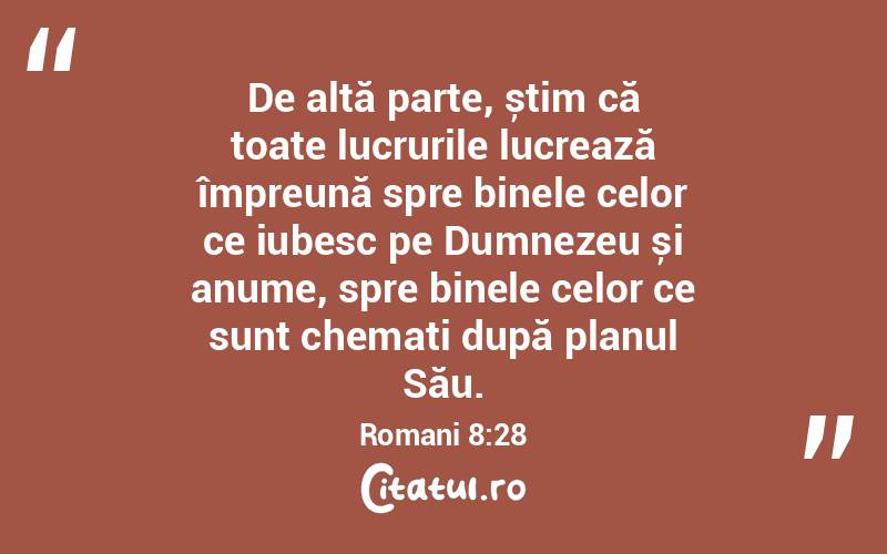 De altă parte, știm că toate lucrurile lucrează împreună spre binele celor ce iubesc pe Dumnezeu și anume, spre binele celor ce sunt chemați după planul Său. Romani 8:28