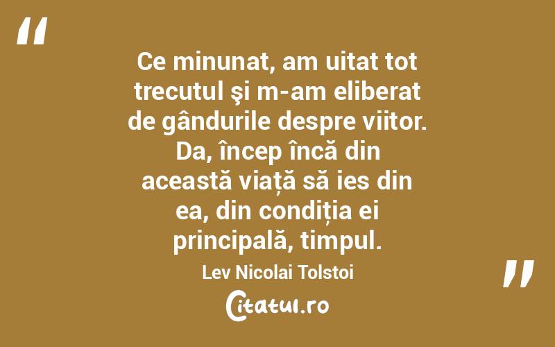 Ce minunat, am uitat tot trecutul şi m-am eliberat de gândurile despre viitor. Da, încep încă din această viaţă să ies din ea, din condiţia ei principală, timpul. Lev Nicolai Tolstoi