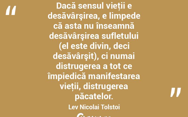Dacă sensul vieţii e desăvârşirea, e limpede că asta nu înseamnă desăvârşirea sufletului (el este divin, deci desăvârşit), ci numai distrugerea a tot ce împiedică manifestarea vieţii, distrugerea păcatelor. Lev Nicolai Tolstoi