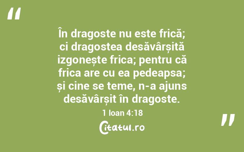 În dragoste nu este frică; ci dragostea desăvârșită izgonește frica; pentru că frica are cu ea pedeapsa; și cine se teme, n-a ajuns desăvârșit în dragoste. 1 Ioan 4:18
