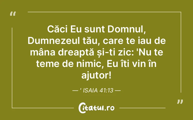 Căci Eu sunt Domnul, Dumnezeul tău, care te iau de mâna dreaptă și-ți zic: 'Nu te teme de nimic, Eu îți vin în ajutor!' Isaia 41:13