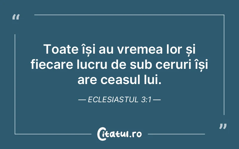 Toate își au vremea lor și fiecare lucru de sub ceruri își are ceasul lui. Eclesiastul 3:1