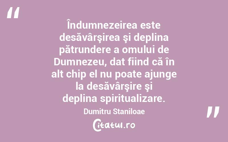 Îndumnezeirea este desăvârşirea şi deplina pătrundere a omului de Dumnezeu, dat fiind că în alt chip el nu poate ajunge la desăvârşire şi deplina spiritualizare. Dumitru Staniloae