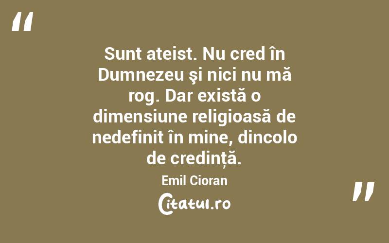 Sunt ateist. Nu cred în Dumnezeu şi nici nu mă rog. Dar există o dimensiune religioasă de nedefinit în mine, dincolo de credinţă. Emil Cioran