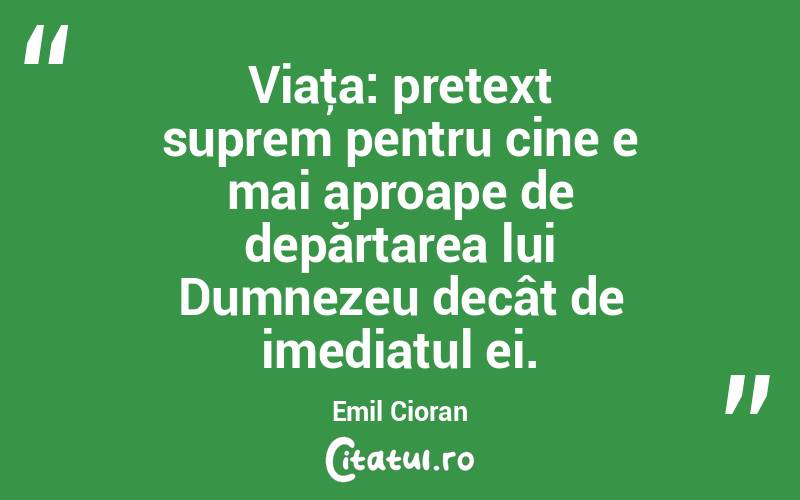 Viaţa: pretext suprem pentru cine e mai aproape de depărtarea lui Dumnezeu decât de imediatul ei. Emil Cioran
