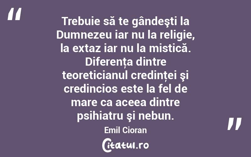 Trebuie să te gândeşti la Dumnezeu iar nu la religie, la extaz iar nu la mistică. Diferenţa dintre teoreticianul credinţei şi credincios este la fel de mare ca aceea dintre psihiatru şi nebun. Emil Cioran