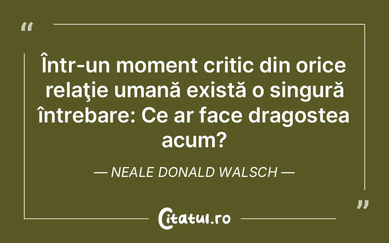Într-un moment critic din orice relaţie umană există o singură întrebare: Ce ar face dragostea acum? Neale Donald Walsch