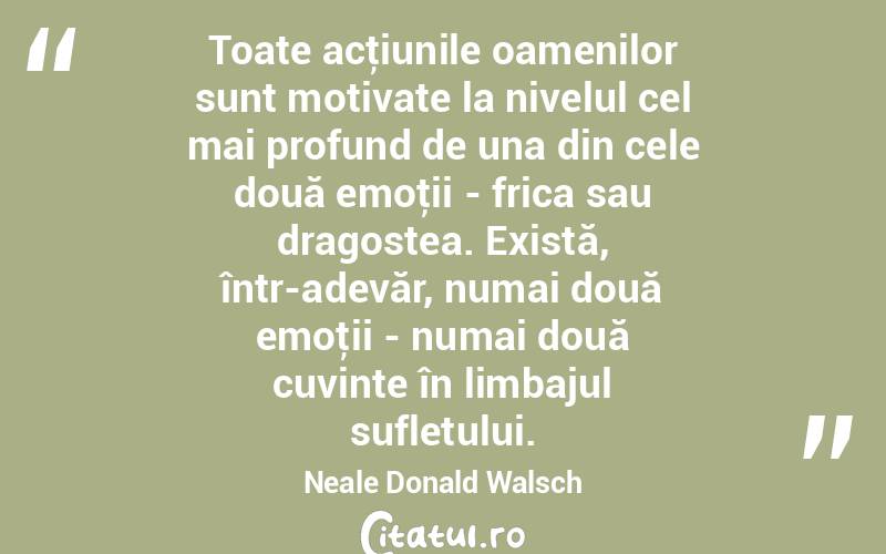 Toate acţiunile oamenilor sunt motivate la nivelul cel mai profund de una din cele două emoţii - frica sau dragostea. Există, într-adevăr, numai două emoţii - numai două cuvinte în limbajul sufletului. Neale Donald Walsch