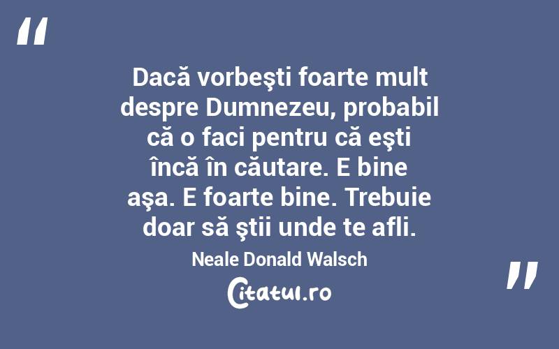 Dacă vorbeşti foarte mult despre Dumnezeu, probabil că o faci pentru că eşti încă în căutare. E bine aşa. E foarte bine. Trebuie doar să ştii unde te afli. Neale Donald Walsch