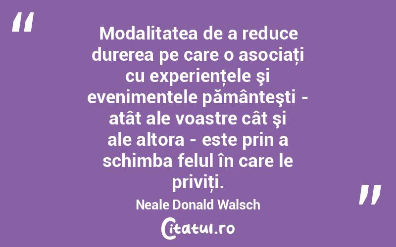 Modalitatea de a reduce durerea pe care o asociaţi cu experienţele şi evenimentele pământeşti - atât ale voastre cât şi ale altora - este prin a schimba felul în care le priviţi. Neale Donald Walsch