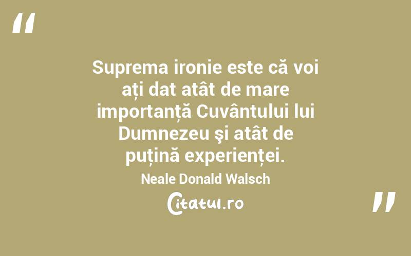 Suprema ironie este că voi aţi dat atât de mare importanţă Cuvântului lui Dumnezeu şi atât de puţină experienţei. Neale Donald Walsch