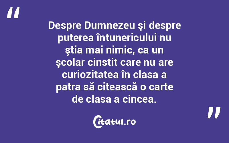Despre Dumnezeu şi despre puterea întunericului nu ştia mai nimic, ca un şcolar cinstit care nu are curiozitatea în clasa a patra să citească o carte de clasa a cincea.  