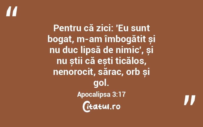 Pentru că zici: 'Eu sunt bogat, m-am îmbogățit și nu duc lipsă de nimic', și nu știi că ești ticălos, nenorocit, sărac, orb și gol. Apocalipsa 3:17