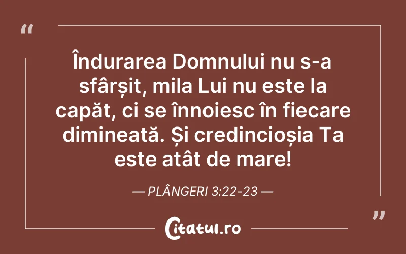 Îndurarea Domnului nu s-a sfârșit, mila Lui nu este la capăt, ci se înnoiesc în fiecare dimineață. Și credincioșia Ta este atât de mare! Plângeri 3:22-23