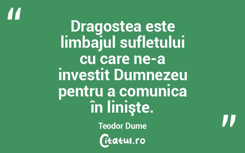 Dragostea este limbajul sufletului cu care ne-a investit Dumnezeu pentru a comunica în linişte. Teodor Dume