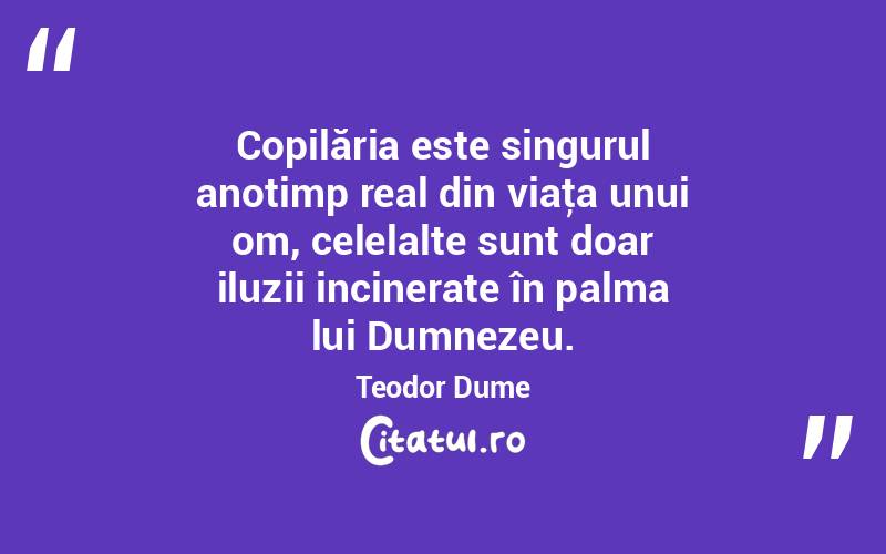 Copilăria este singurul anotimp real din viaţa unui om, celelalte sunt doar iluzii incinerate în palma lui Dumnezeu. Teodor Dume