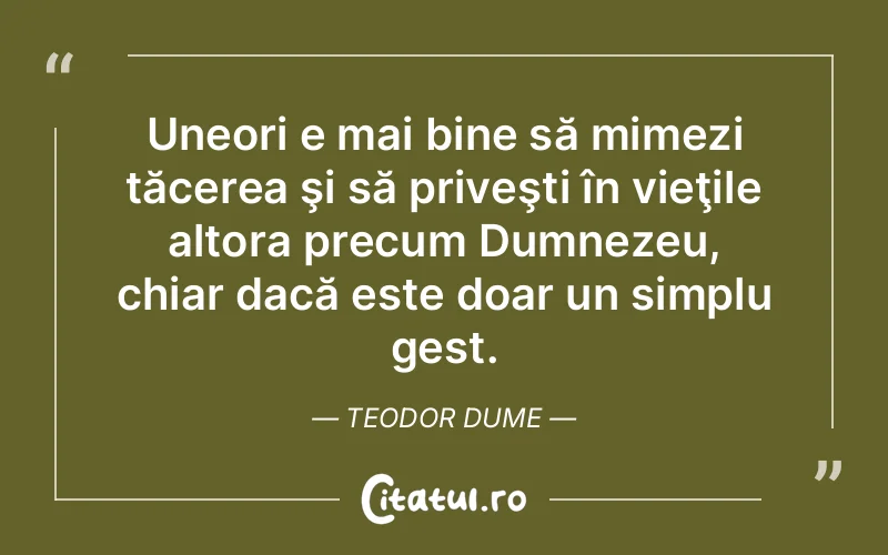 Uneori e mai bine să mimezi tăcerea şi să priveşti în vieţile altora precum Dumnezeu, chiar dacă este doar un simplu gest. Teodor Dume