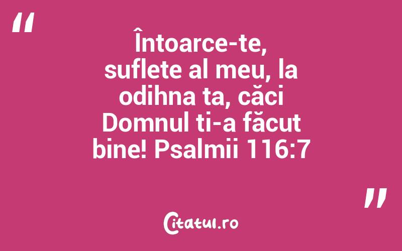 Întoarce-te, suflete al meu, la odihna ta, căci Domnul ți-a făcut bine! Psalmii 116:7

