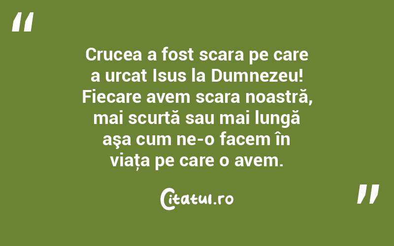 Crucea a fost scara pe care a urcat Isus la Dumnezeu! Fiecare avem scara noastră, mai scurtă sau mai lungă aşa cum ne-o facem în viaţa pe care o avem.  