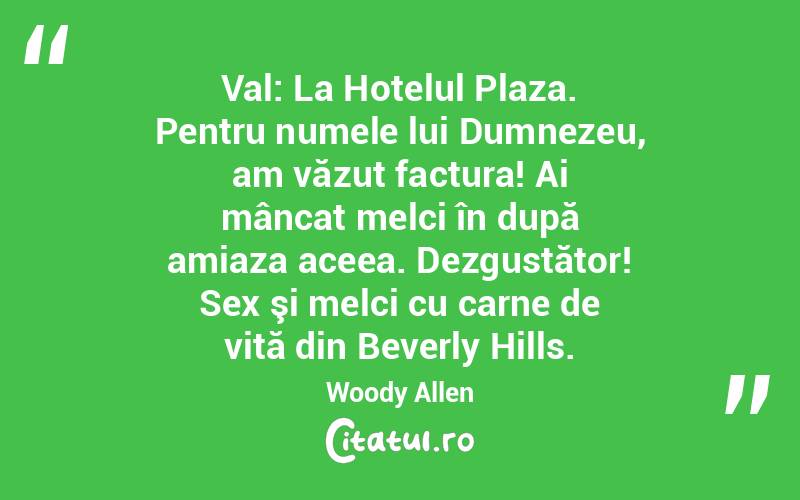 Val: La Hotelul Plaza. Pentru numele lui Dumnezeu, am văzut factura! Ai mâncat melci în după amiaza aceea. Dezgustător! Sex şi melci cu carne de vită din Beverly Hills. Woody Allen