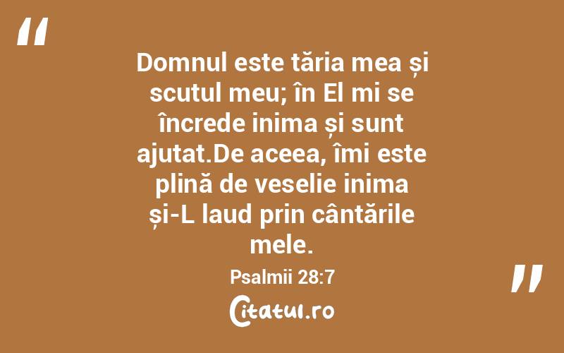 Domnul este tăria mea și scutul meu; în El mi se încrede inima și sunt ajutat.De aceea, îmi este plină de veselie inima și-L laud prin cântările mele. Psalmii 28:7