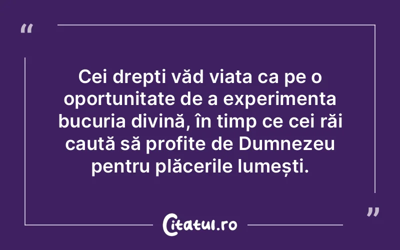 Cei drepți văd viața ca pe o oportunitate de a experimenta bucuria divină, în timp ce cei răi caută să profite de Dumnezeu pentru plăcerile lumești.