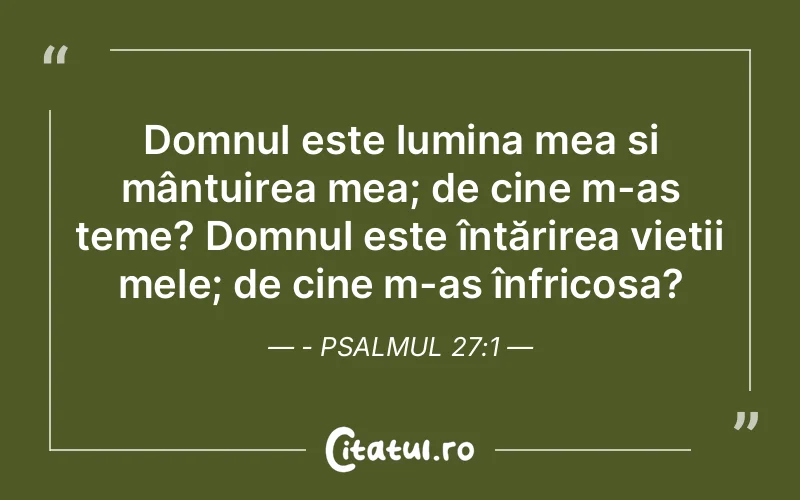 Domnul este lumina mea și mântuirea mea; de cine m-aș teme? Domnul este întărirea vieții mele; de cine m-aș înfricoșa? - Psalmul 27:1