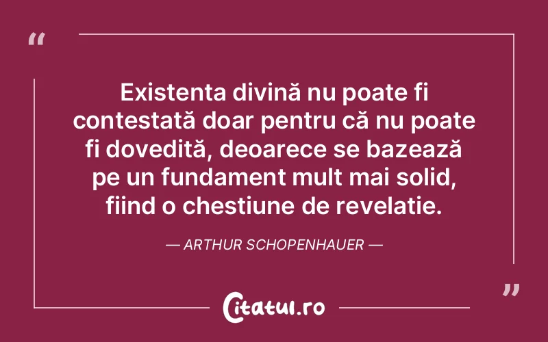 Existența divină nu poate fi contestată doar pentru că nu poate fi dovedită, deoarece se bazează pe un fundament mult mai solid, fiind o chestiune de revelație. Arthur Schopenhauer