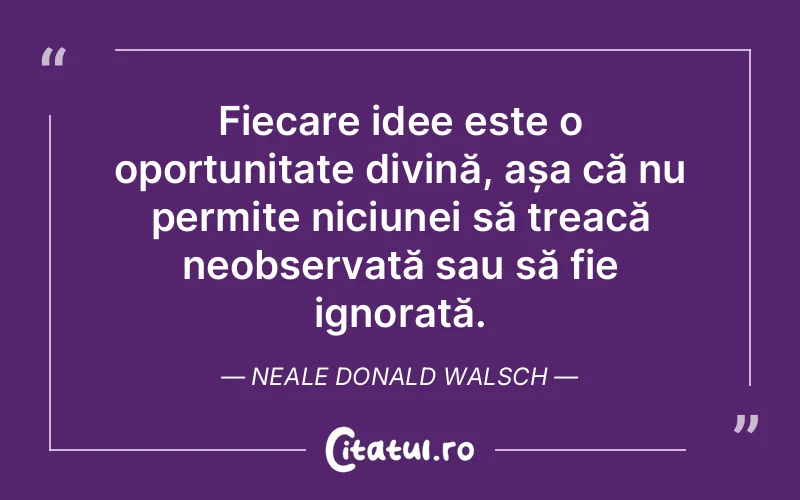 Fiecare idee este o oportunitate divină, așa că nu permite niciunei să treacă neobservată sau să fie ignorată. Neale Donald Walsch