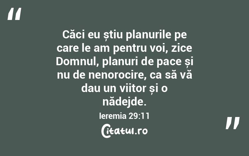 Căci eu știu planurile pe care le am pentru voi, zice Domnul, planuri de pace și nu de nenorocire, ca să vă dau un viitor și o nădejde. Ieremia 29:11