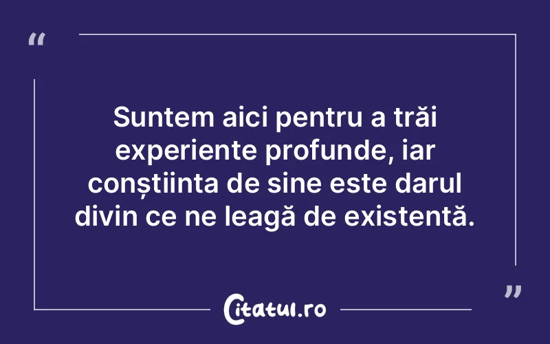 Suntem aici pentru a trăi experiențe profunde, iar conștiința de sine este darul divin ce ne leagă de existență.