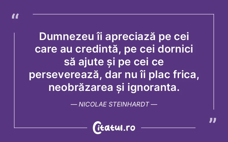 Dumnezeu îi apreciază pe cei care au credință, pe cei dornici să ajute și pe cei ce perseverează, dar nu îi plac frica, neobrăzarea și ignoranța. Nicolae Steinhardt