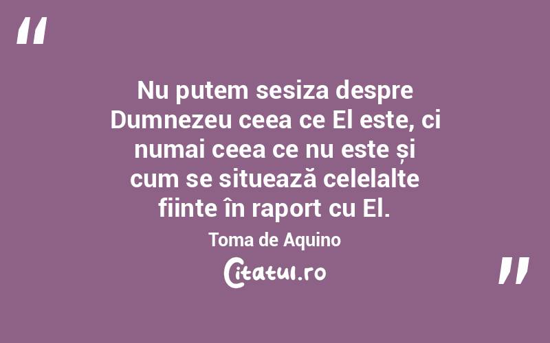 Nu putem sesiza despre Dumnezeu ceea ce El este, ci numai ceea ce nu este și cum se situează celelalte ființe în raport cu El. Toma de Aquino