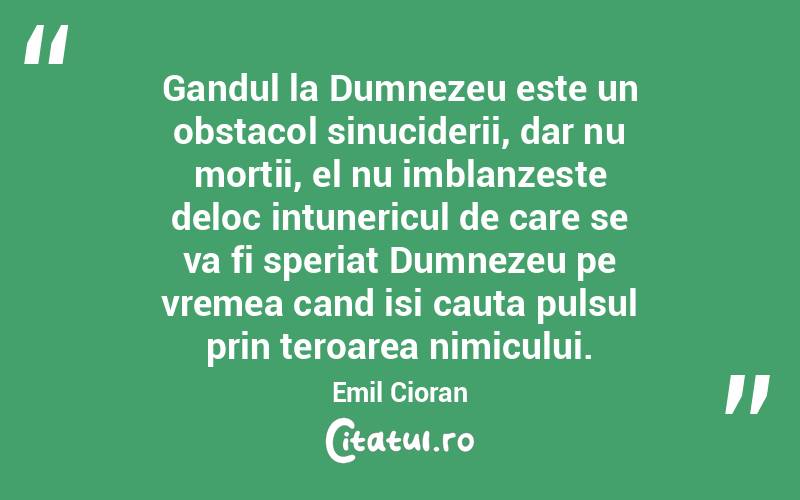 Gandul la Dumnezeu este un obstacol sinuciderii, dar nu mortii, el nu imblanzeste deloc intunericul de care se va fi speriat Dumnezeu pe vremea cand isi cauta pulsul prin teroarea nimicului. Emil Cioran