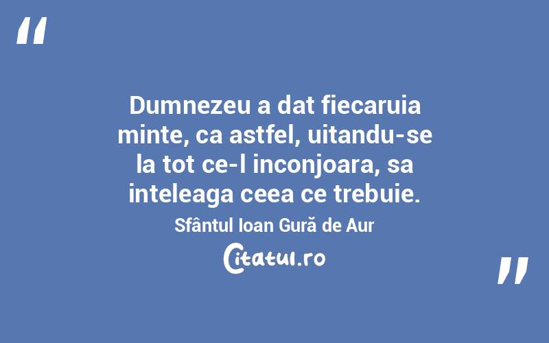 Dumnezeu a dat fiecaruia minte, ca astfel, uitandu-se la tot ce-l inconjoara, sa inteleaga ceea ce trebuie. Sfântul Ioan Gură de Aur
