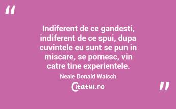 Indiferent de ce gandesti, indiferent de ce spui, dupa cuvintele eu sunt se pun in miscare, se pornesc, vin catre tine experientele. Neale Donald Walsch...