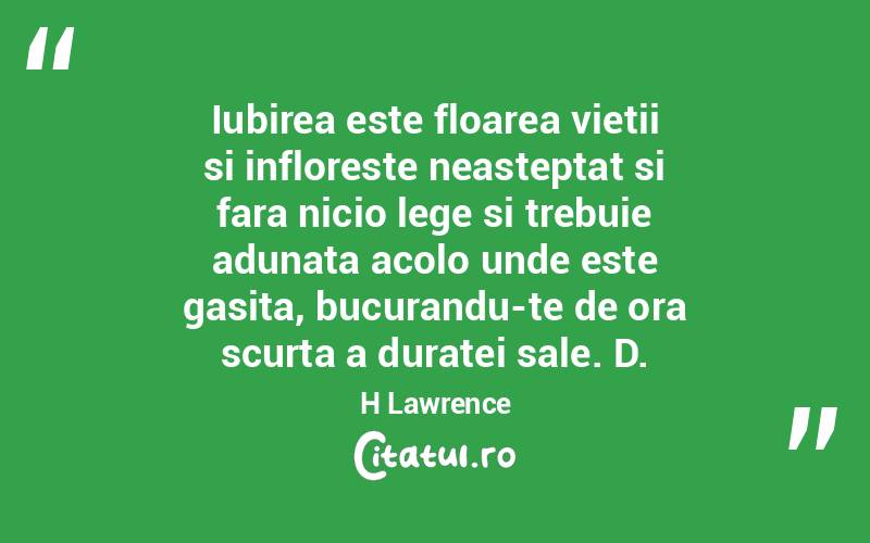 Iubirea este floarea vietii si infloreste neasteptat si fara nicio lege si trebuie adunata acolo unde este gasita, bucurandu-te de ora scurta a duratei sale. D.H Lawrence