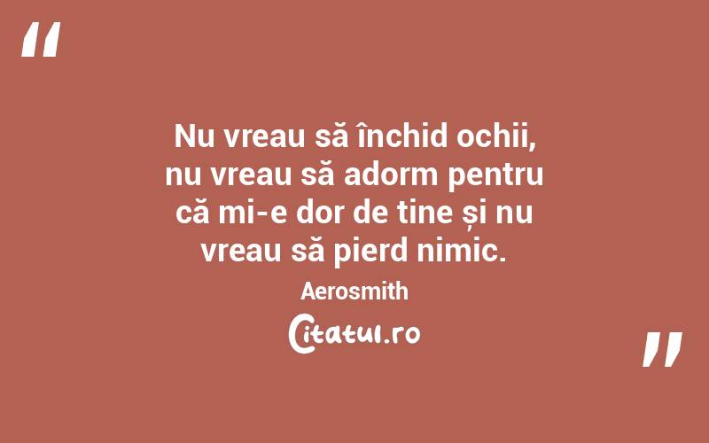 Nu vreau să închid ochii, nu vreau să adorm pentru că mi-e dor de tine și nu vreau să pierd nimic. Aerosmith