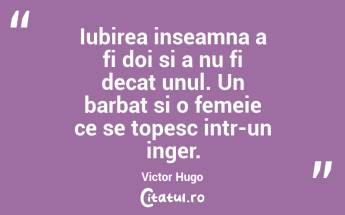 Iubirea inseamna a fi doi si a nu fi decat unul. Un barbat si o femeie ce se topesc intr-un inger. Victor Hugo...