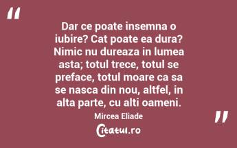 Dar ce poate insemna o iubire? Cat poate ea dura? Nimic nu dureaza in lumea asta; totul trece, totul se preface, totul moare ca sa se nasca din nou, altfel, in alta parte, cu alti oameni. Mircea Eliade...