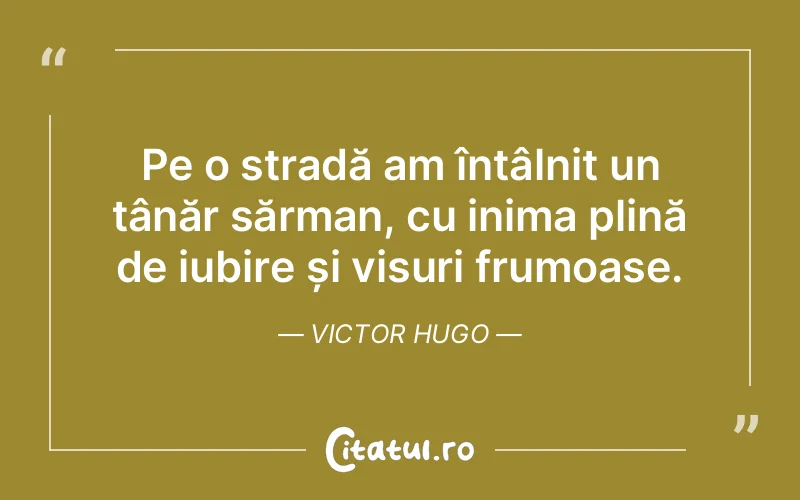Pe o stradă am întâlnit un tânăr sărman, cu inima plină de iubire și visuri frumoase. Victor Hugo